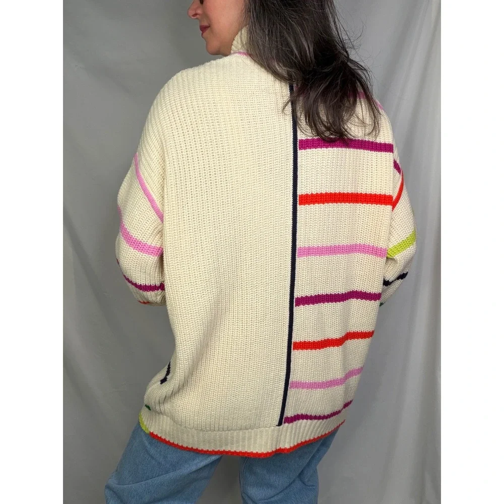 STAUD Hampton Sweater Cream Multi Color Stripe Quarter Zip Knit Oversized Long S - Picture 10 of 11